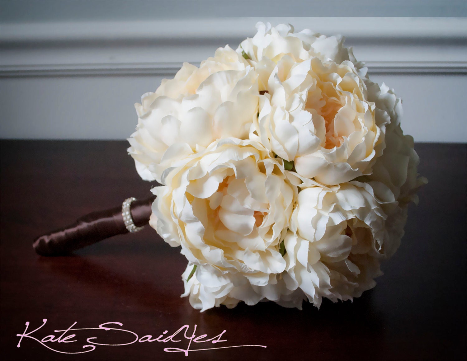 Silk Wedding Bouquet - Creamy Yellow Peony Silk Bridal Wedding Bouquet with Rhinestones