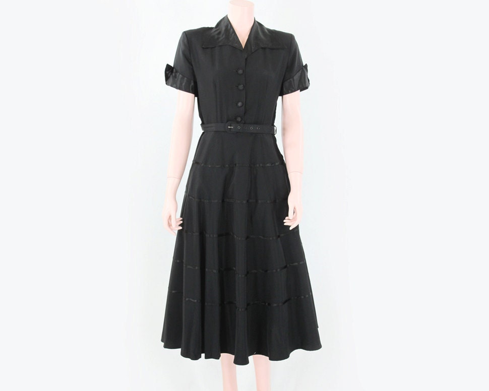 Vintage 1950s Dress. New Look. Black on Black with Original Belt (Medium M)