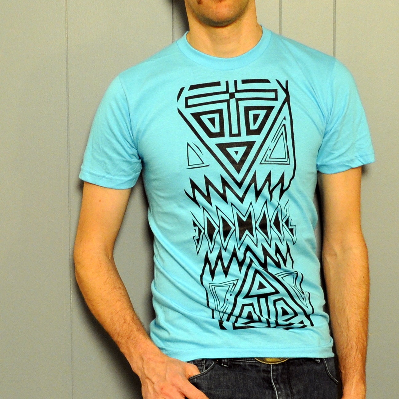 Clothing - Mens Tshirt Geo Party Time Geometric Tribal Tshirt American Apparel Aqua Size S, M, L, XL Mens Tshirt