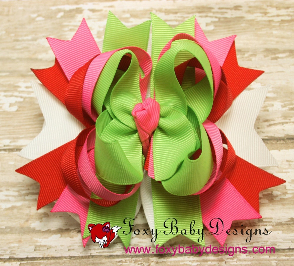 Hair Bow Green, PInk, White, Strawberry Shortcake inspired boutique