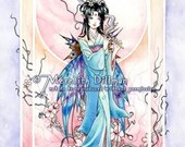 Japanese Kimono Fairy art print cherry blossoms pink girl flute - 8x10 The Sweet Music of Spring