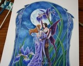 ORIGINAL Watercolor Fleur D'Amour Romantic fairies art under the moon