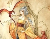 Japanese Asian elf woman w dragon Limited Edition print - The Golden One