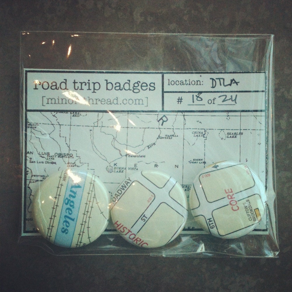 Recycled Map Road Trip Badges - Downtown Los Angeles No. 18
