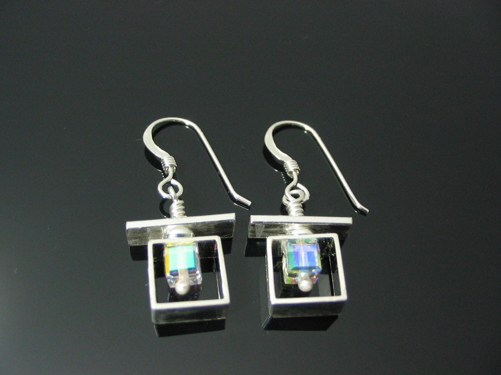 Square earrings with clear swarovksi cube  SALE