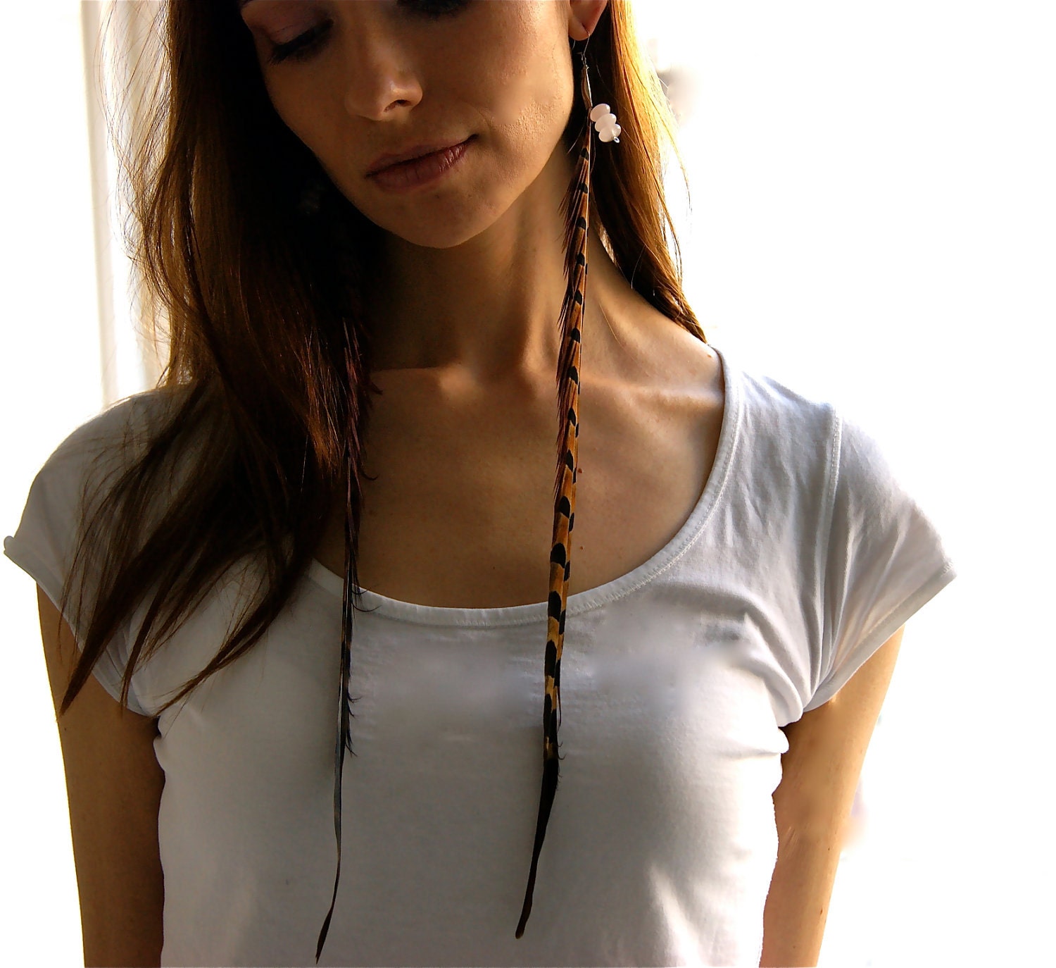 Pheasant Feather and Rose Quartz Earrings