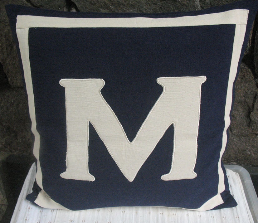 monogrammed pillows -18 inches CUSTOM ORDER -navy cushion cover with white letter and border