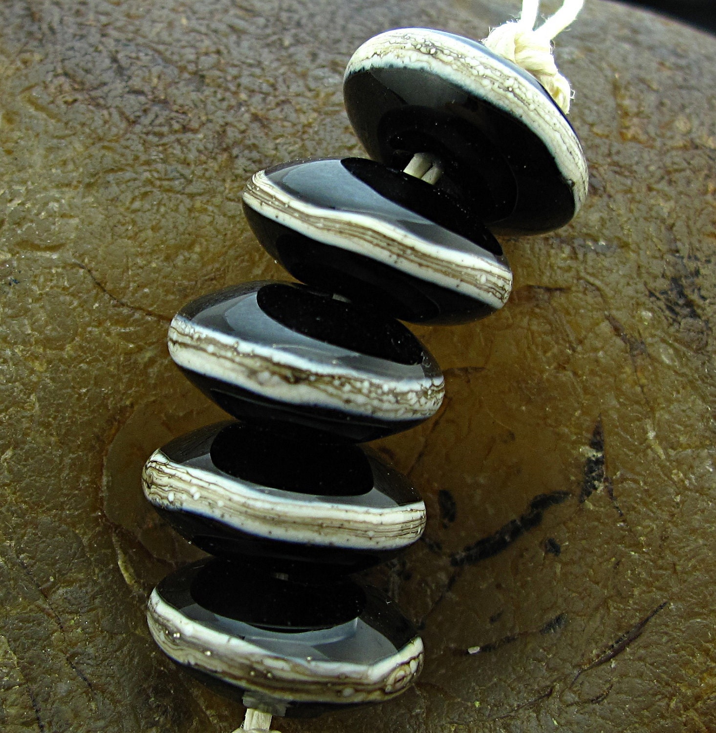 Lampwork Bead Set -Black Silvered Ivory Discs- (5) Handmade By Jason Powers SRA