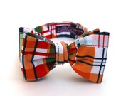 Men's Bow Tie - Madras Plaid - Red Orange Blue Green White Tan
