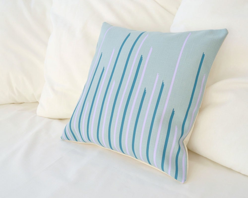 Teal blue cotton with dark emerald and orchid purple stripes pillow cover Skyline Series