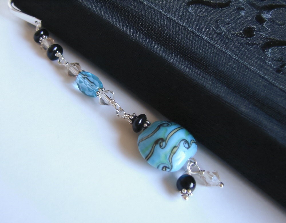 black and blue beaded lampwork metal bookmark