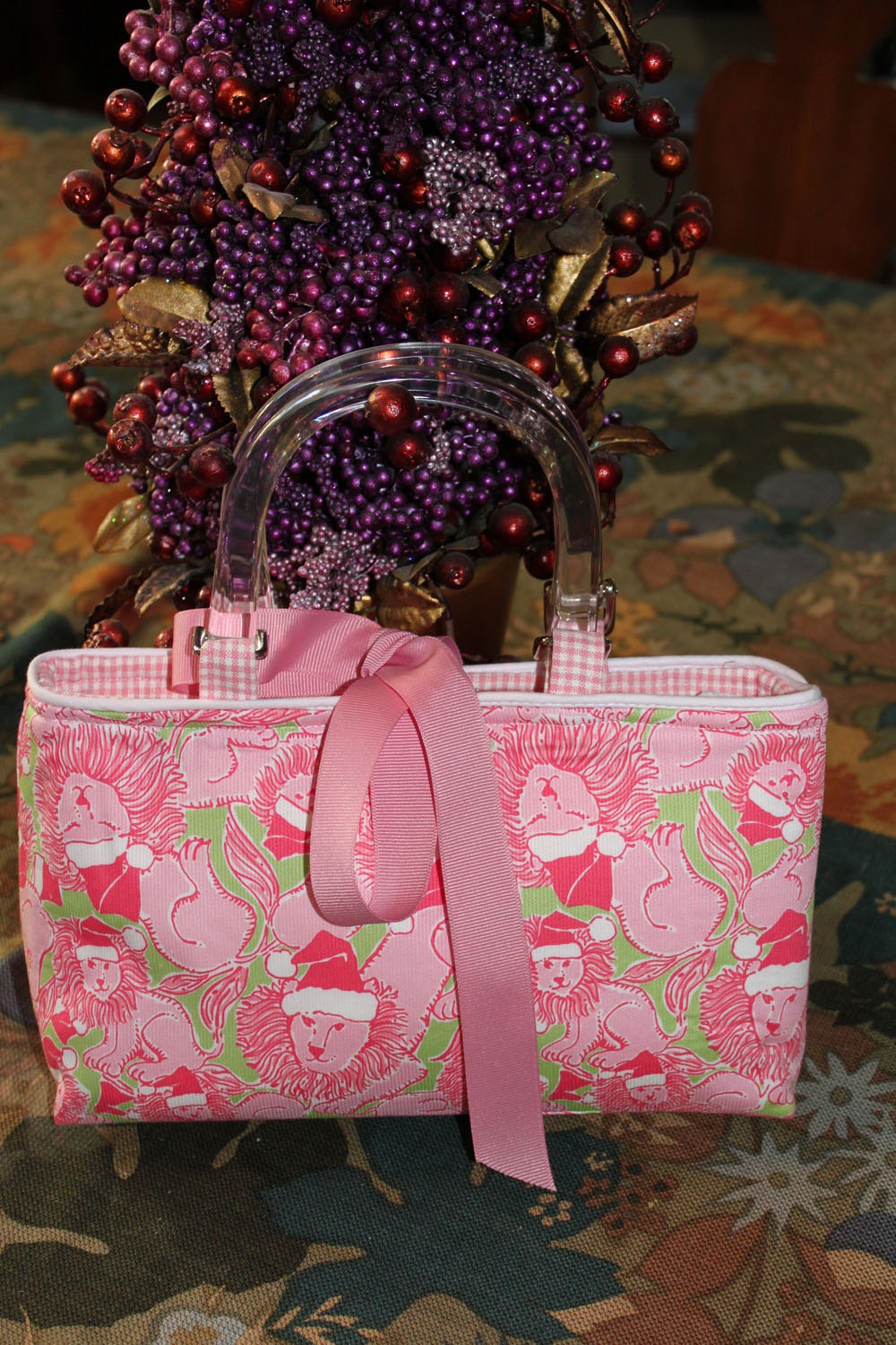 Vintage Fabric Tote Santa Lion made with Lilly Pulitzer Fabric READY TO SHIP