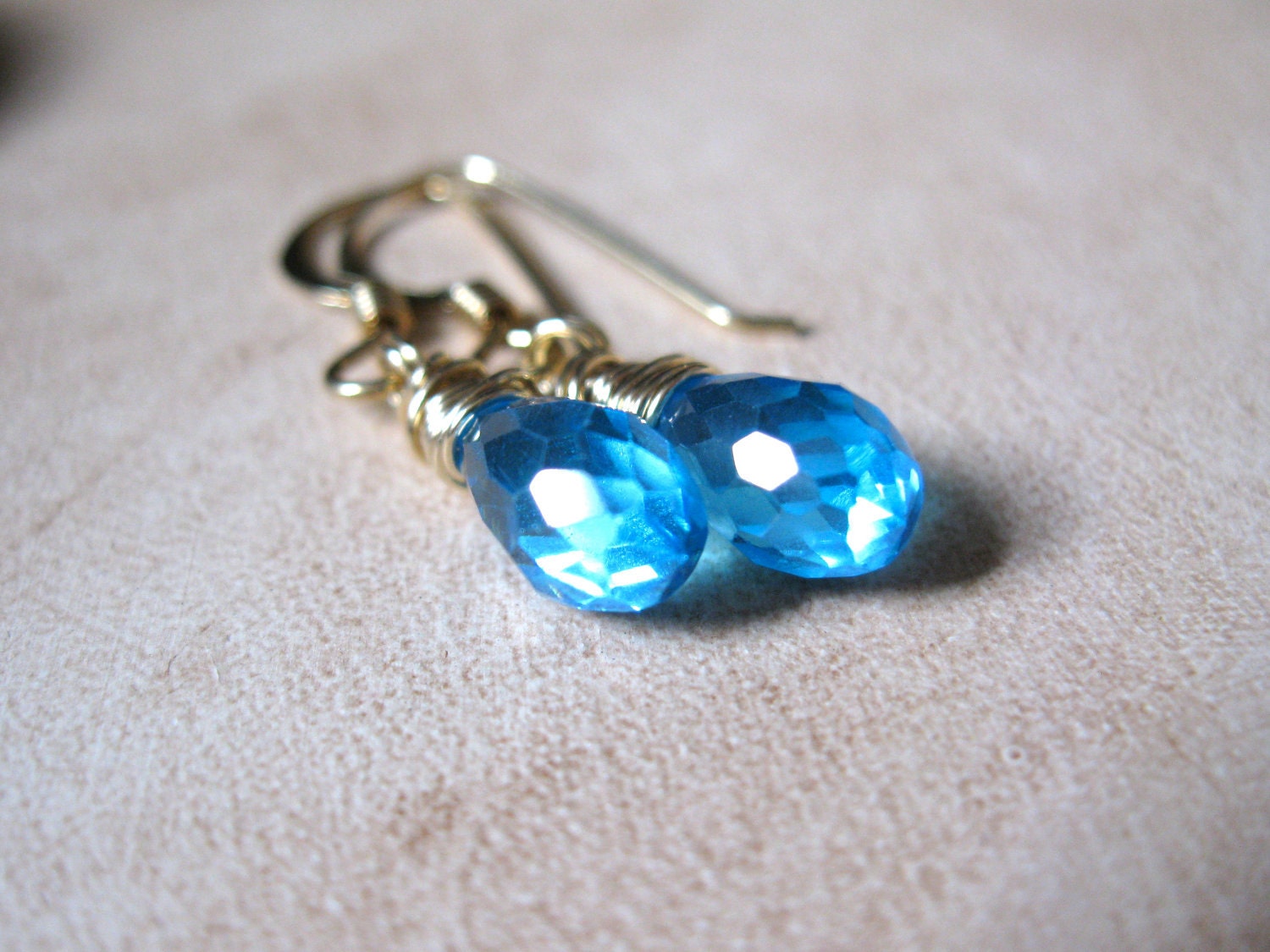 Aqua Blue CZ, Gold Earrings