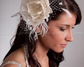 Bridal Flower, Silk Flower, Fly-Away Netting and Rivoli Crystal Rhinestone Center, Wedding Flower, Birdcage Fascinator - Kaimi
