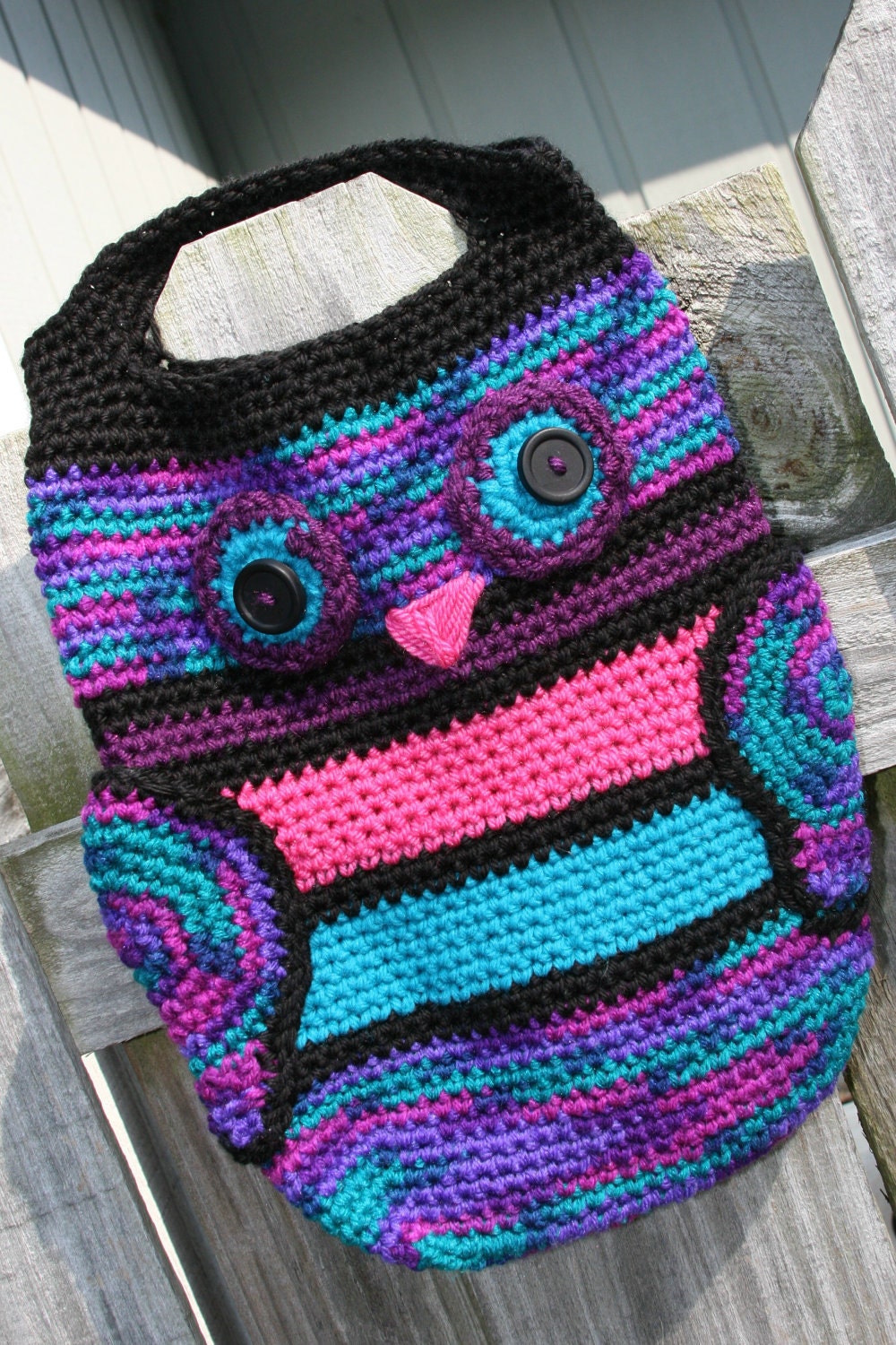 Owl bag tote in jewel tones pink purple black pink and teal Ready to ship