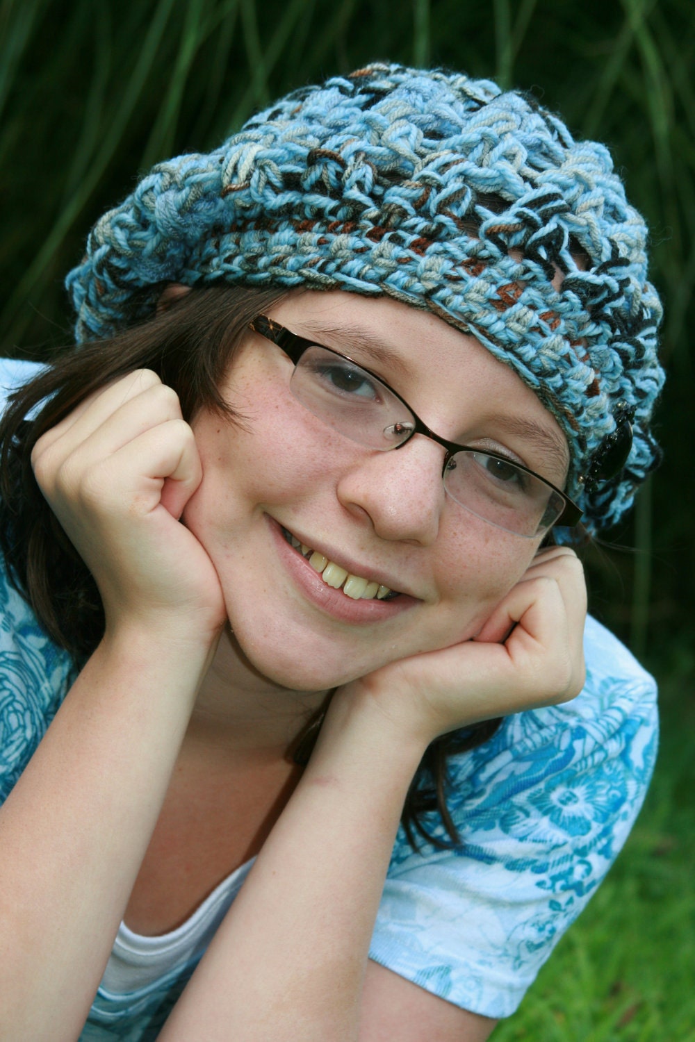 Beret Ladies hat Extra Slouchy tam crocheted in sky denim blue black brown and gray