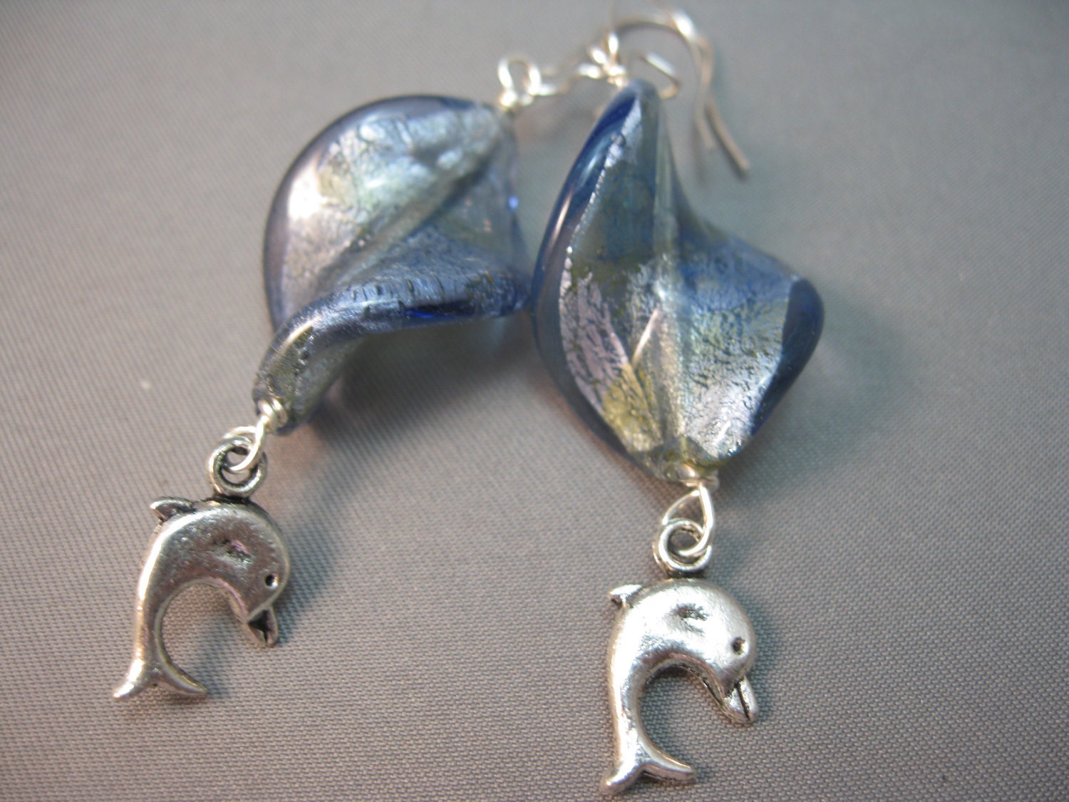 Dolphin Drop Silver Blue Wavy Lampwork Glass Beads Earrings