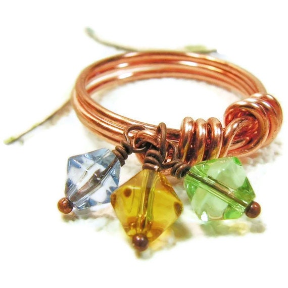 Twisty Copper Ring with Light Green, Blue and Yellow Glass Bead Dangles