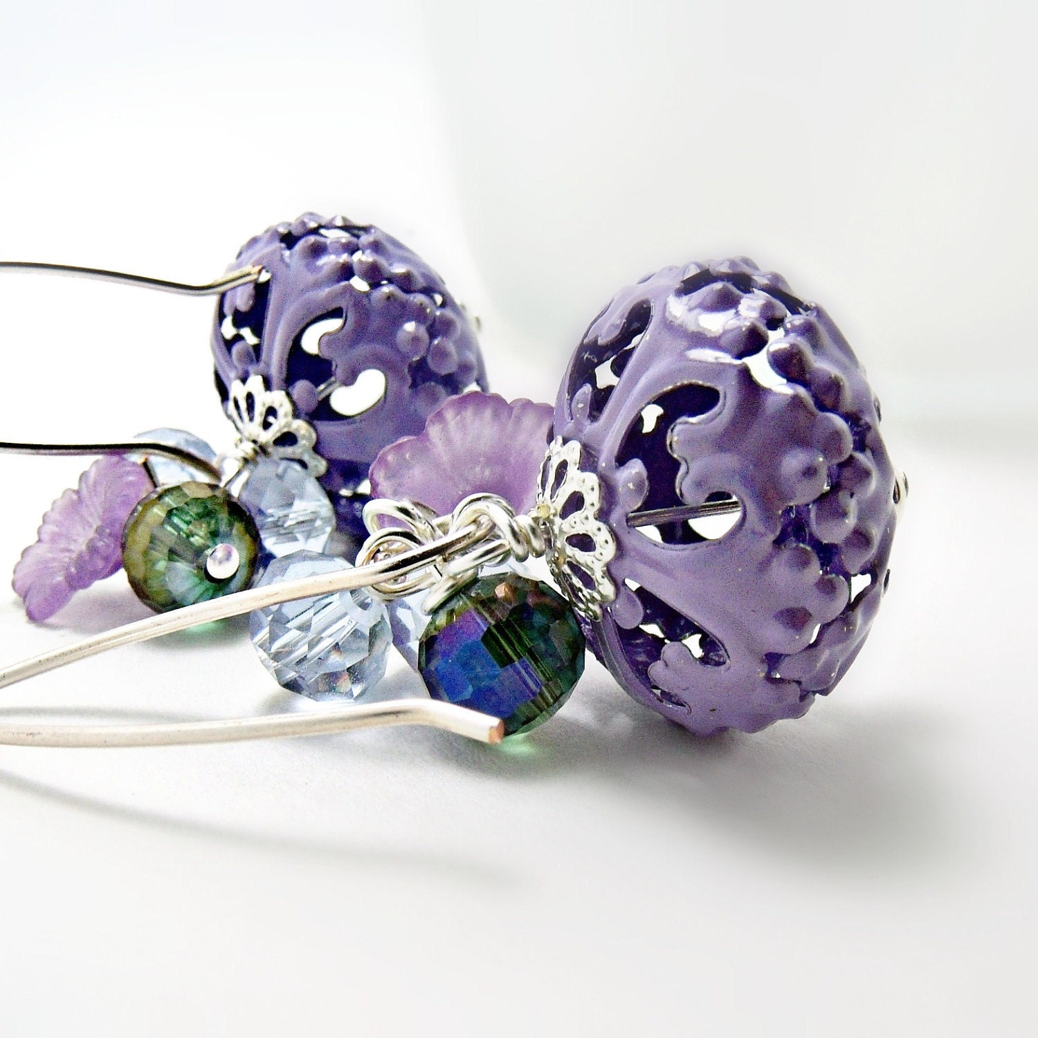 Enameled Metalwork Earrings- Purple Lanters w/ Flower- Purple Earrings-Purple Jewelry- Metal Earrings-Czech Glass-Czech Crystal Earrings
