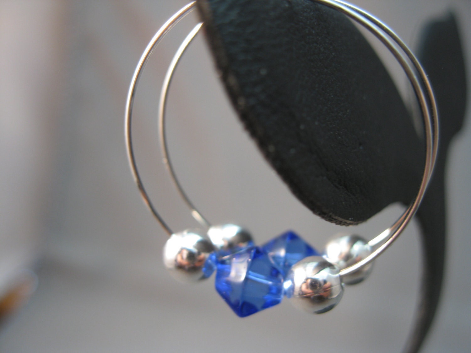 Delicate Silver Hoops and Beads with Blue Glass Crystals Earrings