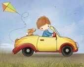 Boys room decor, nursery art print, digital art poster kids wall art car bunny cute illustration