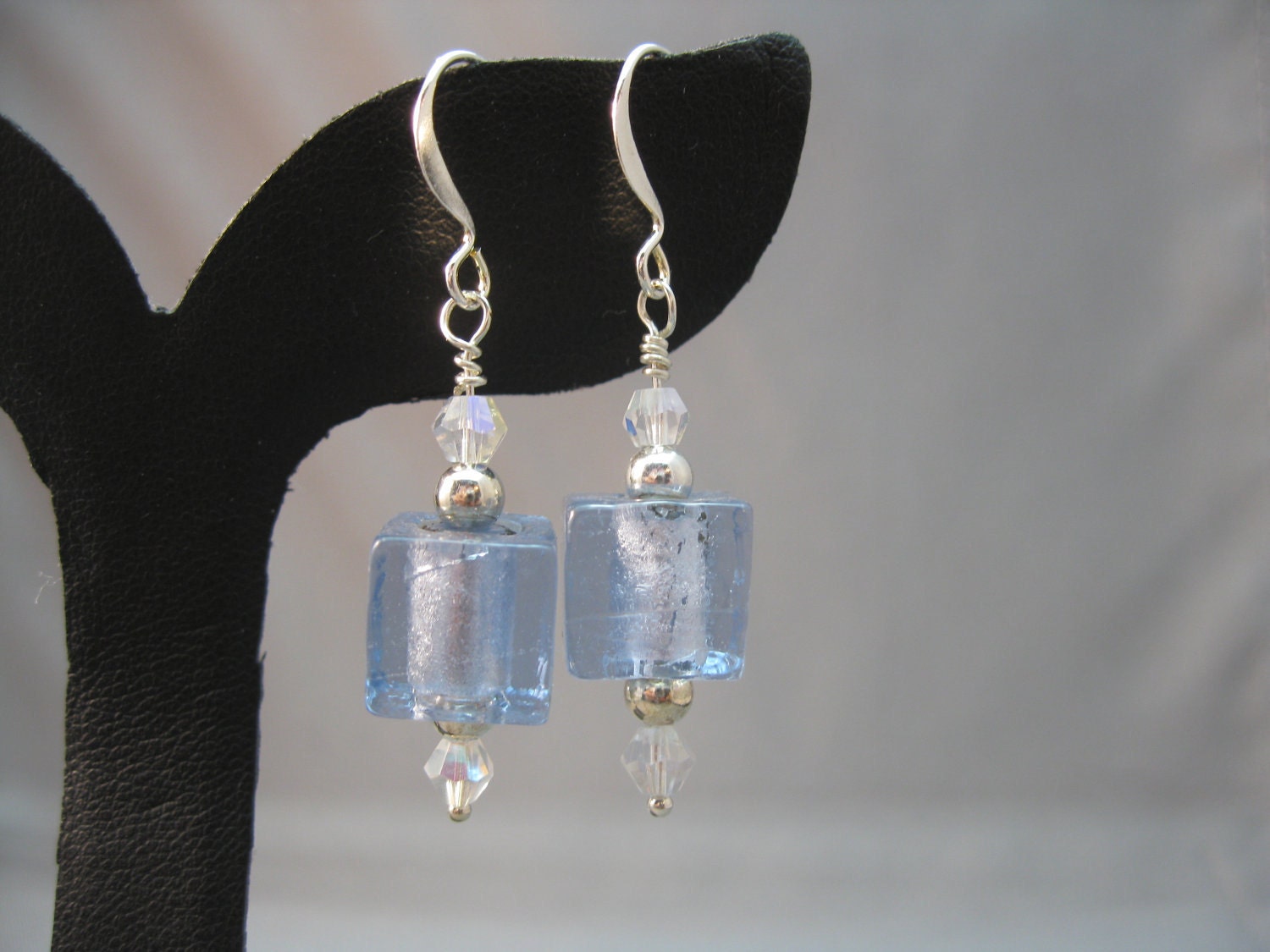 Light Blue Silver Foil Lampwork Glass and Crystal Beads Earrings