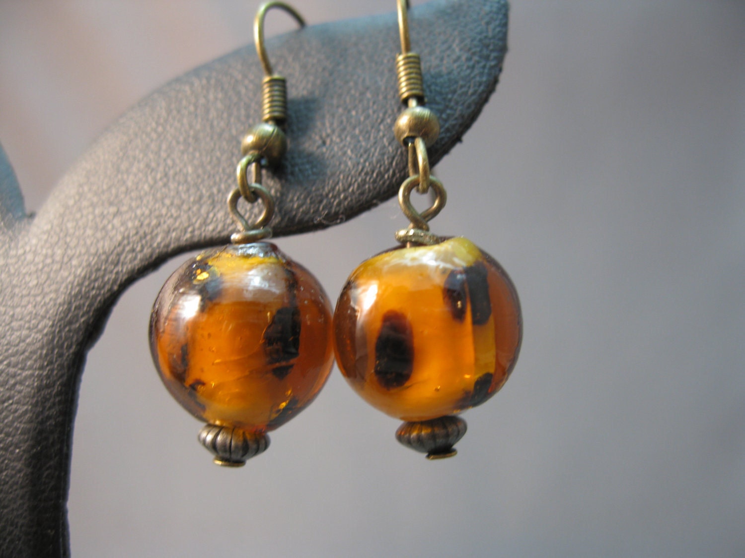 Leopard Spots Amber With Black Polka Dots Lampwork Glass Beads Earrings