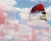 Surreal Photograph Vintage Pink Cadillac in the clouds with blue and white 8x8