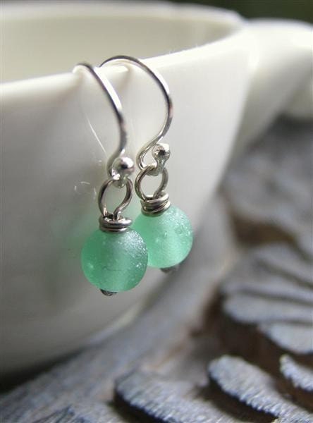 Sea Foam Green Glass Earrings - Tiny Recycled African Glass earrings - Sea foam Green on Sterling Silver - Small Drops