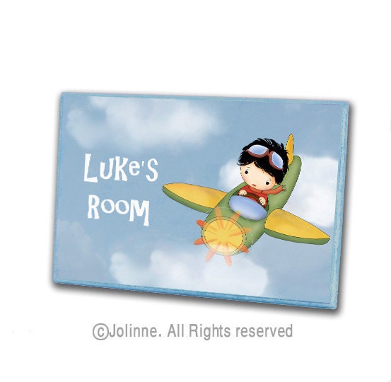 Custom door sign for children boys room or nursery, children housewares , Boy flying an airplane door hanger illustration, children decor