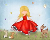 Children art print, girls room decor, nursery wall art, girl dancing with forest animals, children spring