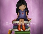 Books theme wall art print for kids room or nursery , teenagers , back to school , dark skin girl, purple