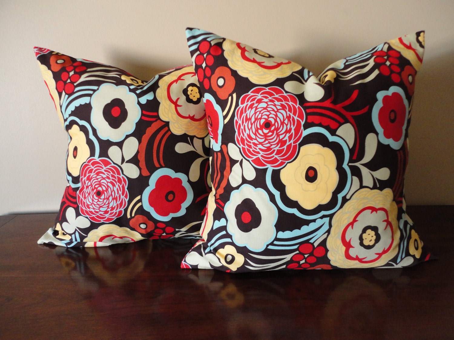 Pillow Covers-PAIR 18" x 18" Multi-Colored Red Floral