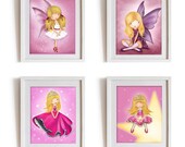 Children room decor wall art prints princess and angel fairy pink illustrations nursery paintings