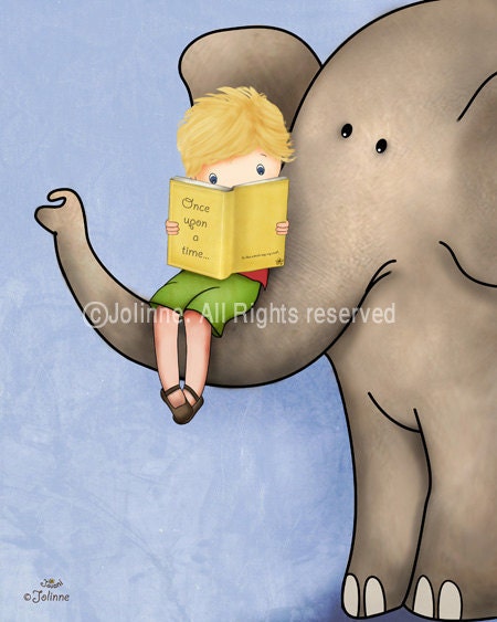 Boys elephant room decor art print, boy reading a book, nursery or kids room wall art, library art