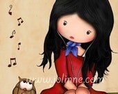kids room wall art print, girl and owl, music, wall hanging, beige background