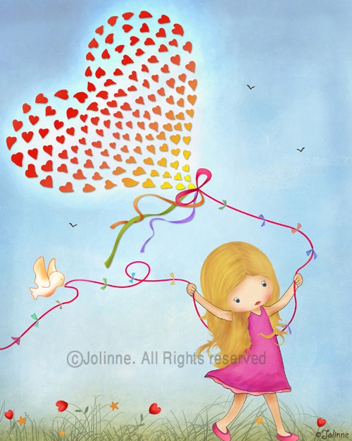 Kids art print, nursery wall art, children room decor, happy, nature kids art, girl room poster, heart balloon, kindergarten decor