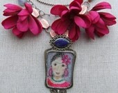 Frida Kahlo  necklace with hand painted pendant- Woman and Flowers - Frida and Flowers