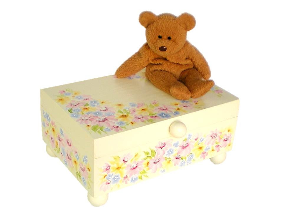 Box Baby Nursery Storage Organizer  - Large Ivory Wood Box, Hand Painted Floral Design, Heart Inside - Changing Table, Keepsakes