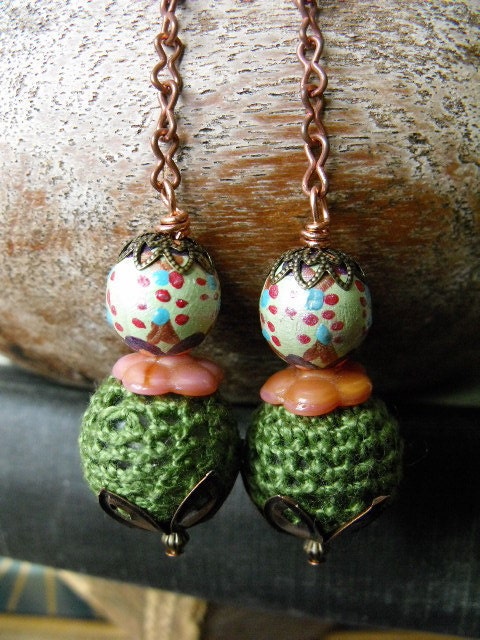 folk EARRINGS, hand painted small round wooden beads , crochet round beads, peach flower discs on copper , by Zasra