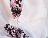 Hand Painted Champagne Flutes Deep Berry and Metallic Silver Roses - Set of 2 - Wedding Bridesmaid Gift Valentines Day