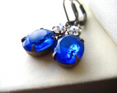 Estate Style Blue Rhinestone Earrings - cobalt, vintage inspired, wedding, bridesmaid gift, antique brass, oval, tagt team