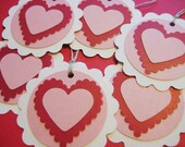 Red and pink scalloped heart tags, set of 6