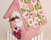 Decorative Birdhouse Pink with White Picket Fence, Plaid Roof, Silk Birds - Raspberry Roses, Pink and Green Hand Painted