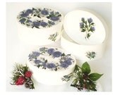 Hat Boxes Oval Bridal Party Thank You - Painted Purple Roses, Snowy Leaves, Rhinestone Snowflakes Set of 3 - Bridesmaid Gift