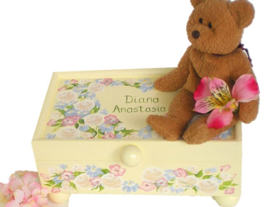 Hand Painted Box Personalized for Baby Girl or Boy - Colorful Heart Shape Floral Design - Jewelry Trinket Box, First Keepsake Heirloom