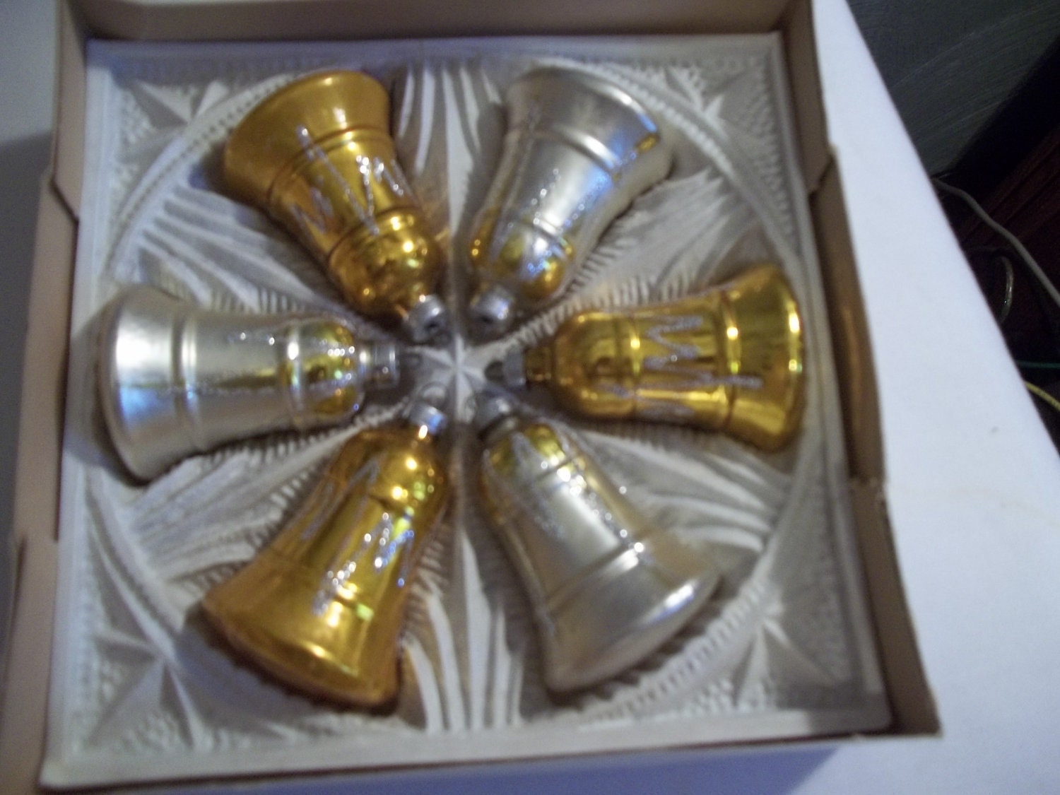 Vintage Silver & Gold Bell Ornaments, Set of 6 w/box, Shiny, Glittery, West Germany