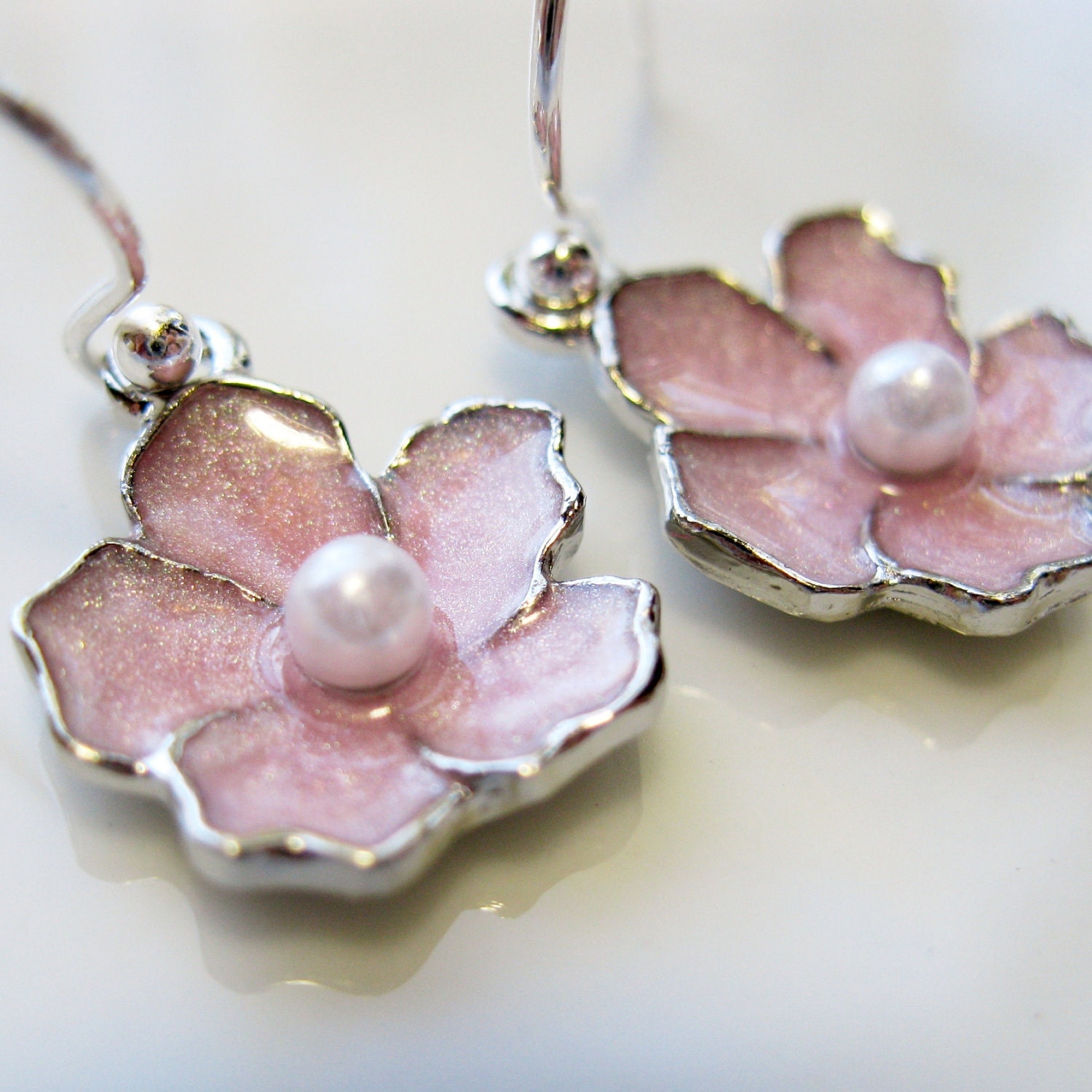 Baby Pink Cherry Blossom Enamel Flower Earrings, Sterling Silver - SAKURA