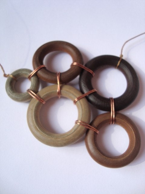 Hand Wired Wood Rings using Copper and Silk -  Kline Necklace wood rings