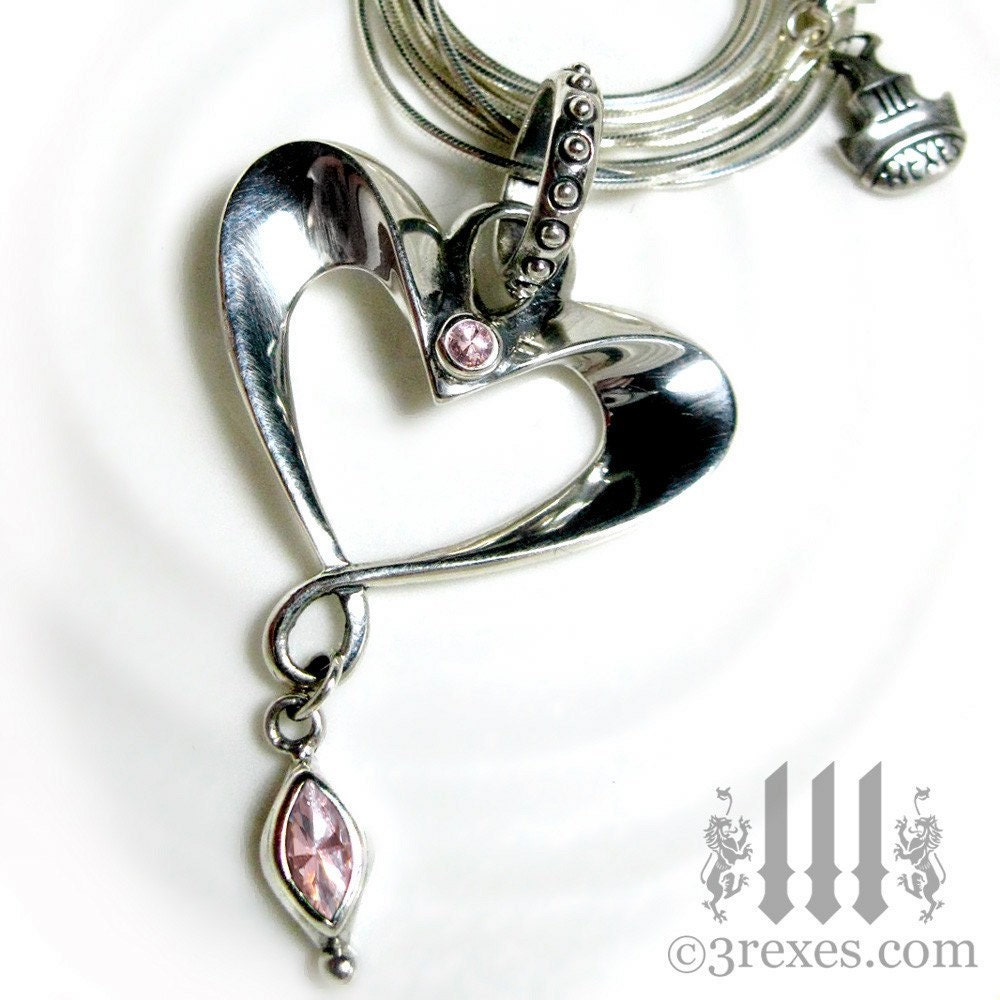 VALENTINES DAY Heart Necklace Silver Pendant Pink CZ Stone, Long Sterling Snake Chain and Crown Charm